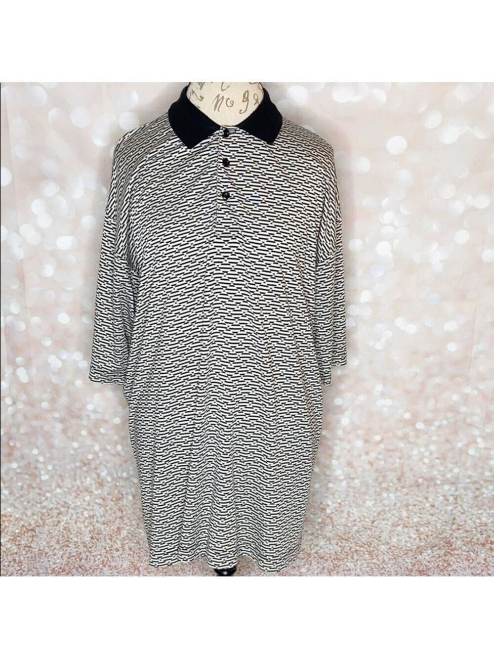 𝅺BOBBY Chan Black And White Silk Blend Polo Shirt